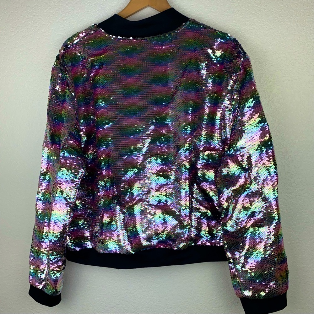 Pastel Rainbow Flip Sequin Bomber Jacket Coat - Picture 3 of 12
